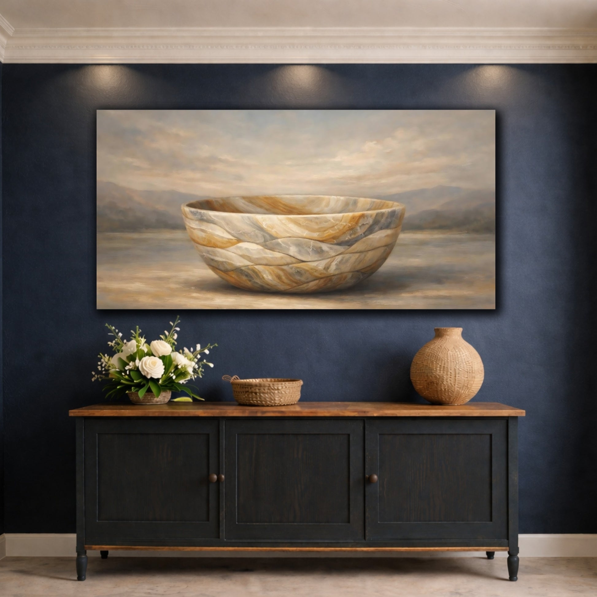 Mockup 4. Nature Stone Bowl Earthy Stone Bowl shown as stretched canvas wall art