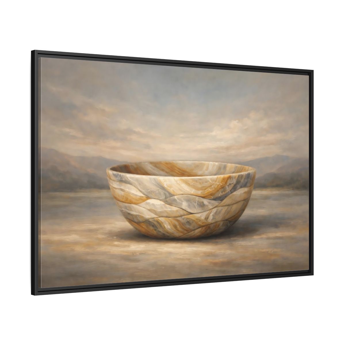 Side Mockup 12. Nature Stone Bowl Earthy Tones Landscape shown as stretched canvas wall art