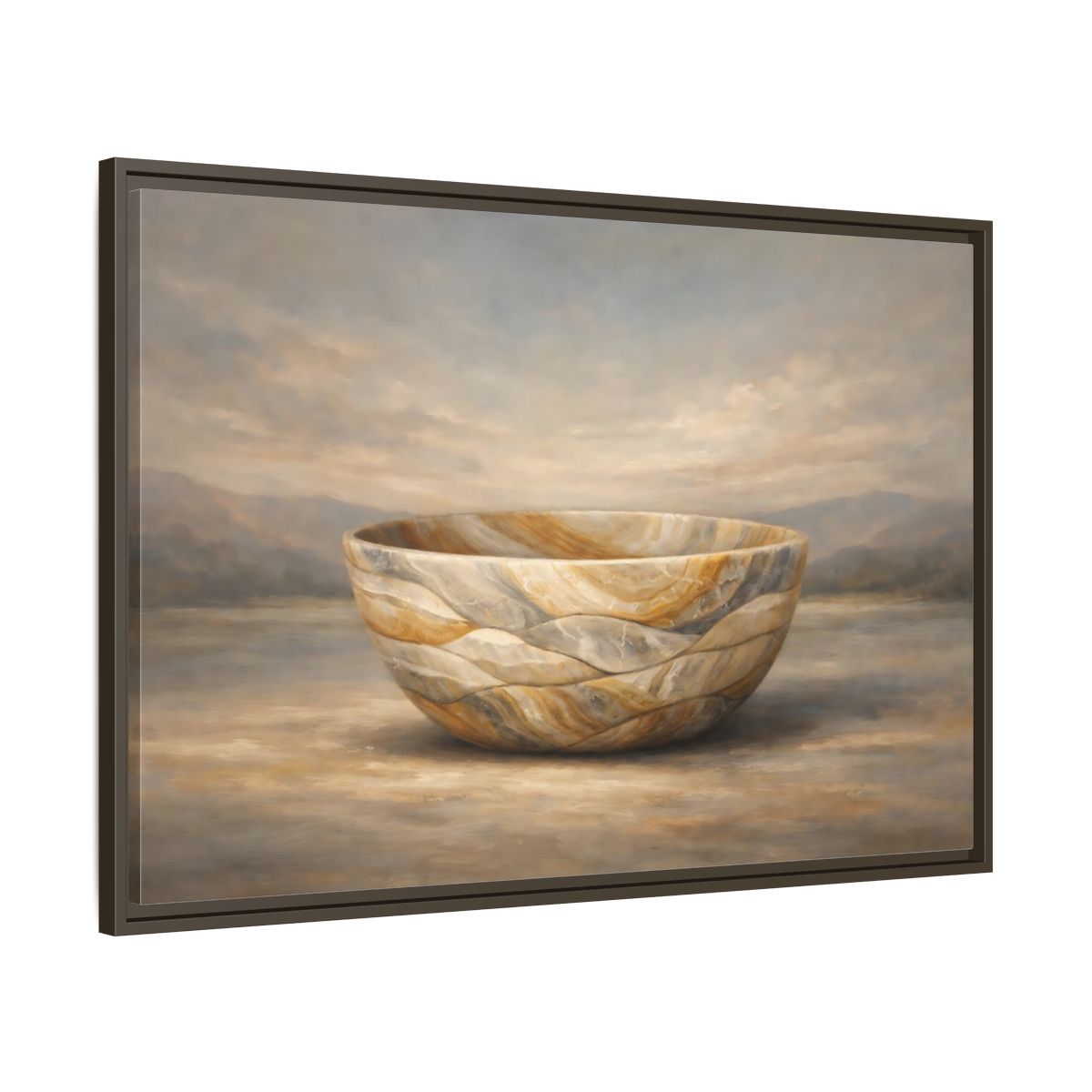 Side Mockup 9. Nature Stone Bowl Earthy Tones Landscape shown as stretched canvas wall art
