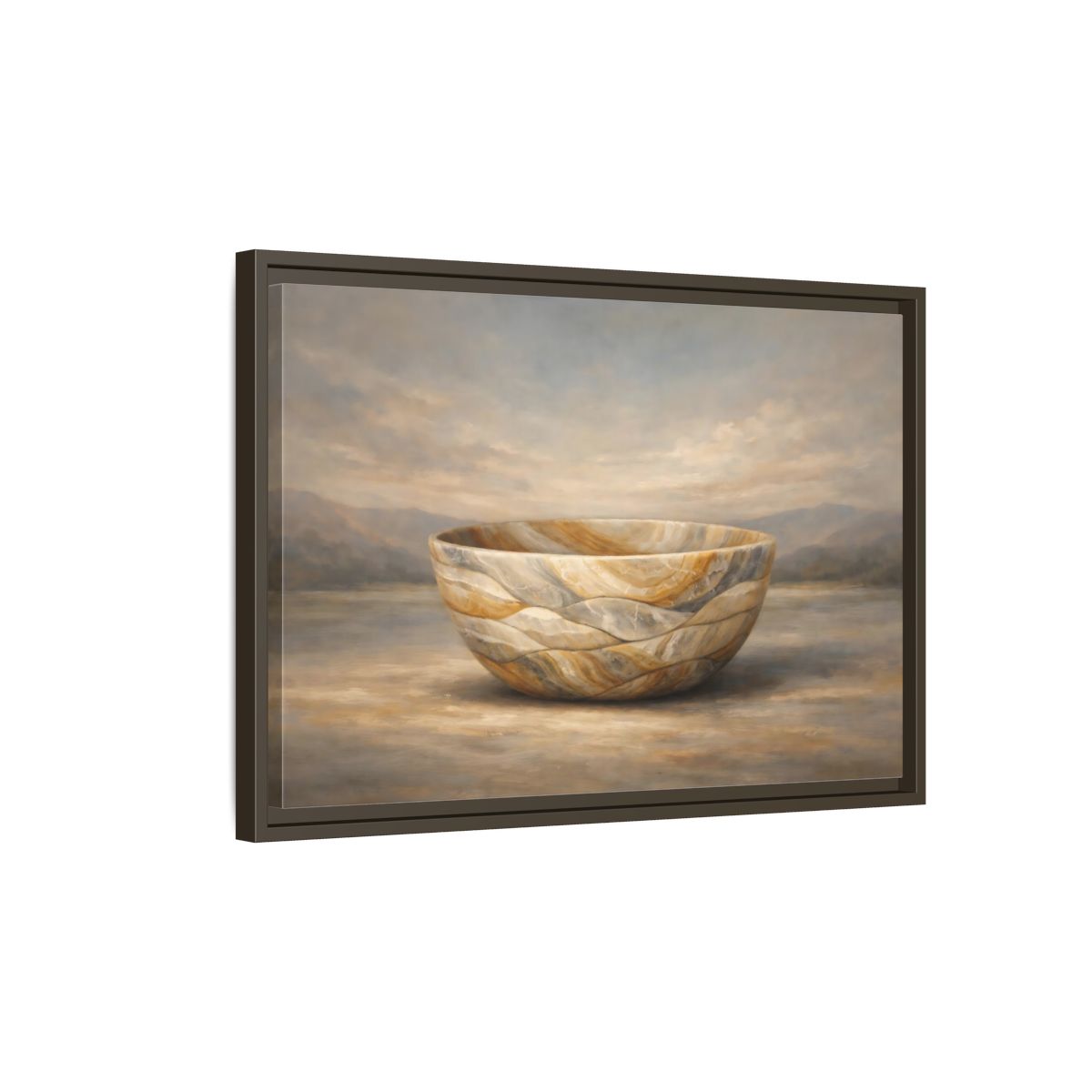 Side Mockup 2. Nature Stone Bowl Earthy Tones Landscape shown as stretched canvas wall art