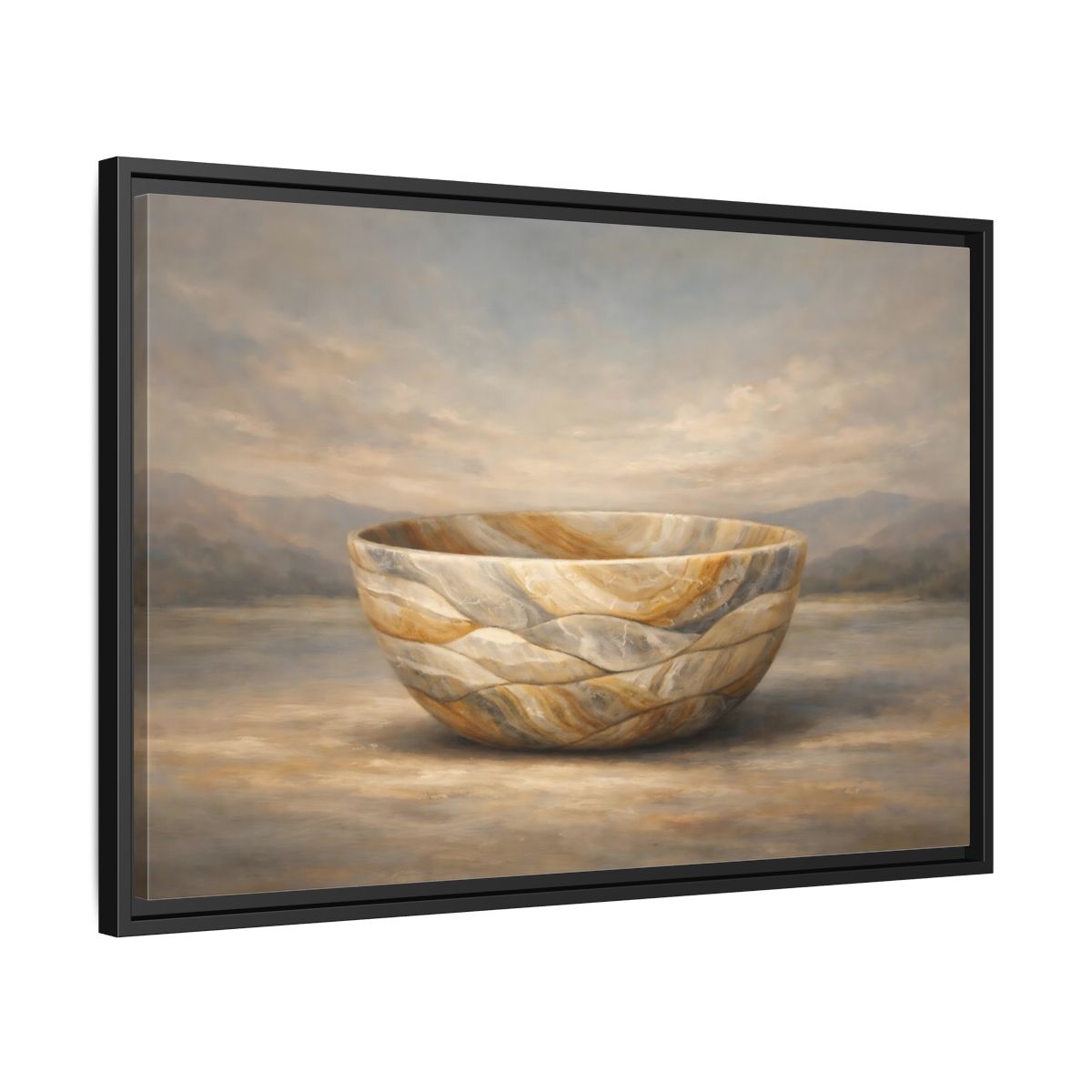 Side Mockup 14. Nature Stone Bowl Earthy Tones Landscape shown as stretched canvas wall art