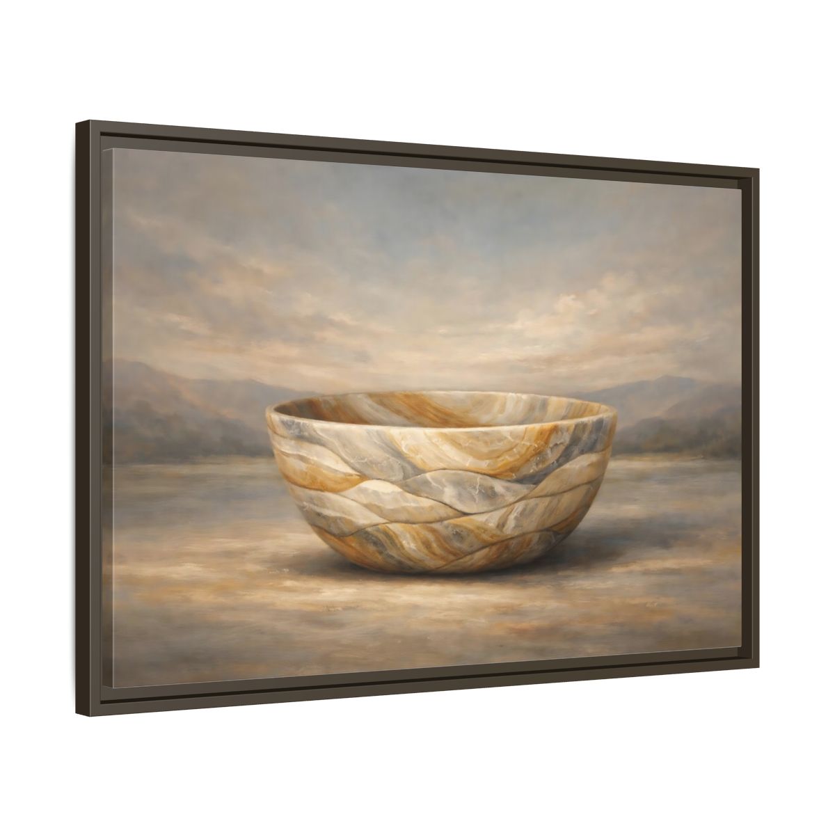 Side Mockup 11. Nature Stone Bowl Earthy Tones Landscape shown as stretched canvas wall art