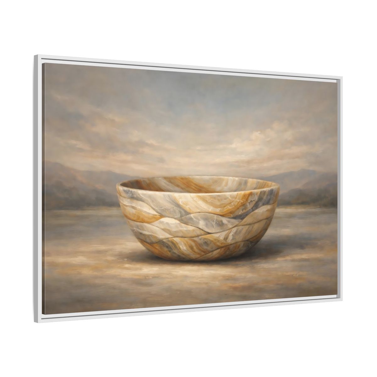 Side Mockup 7. Nature Stone Bowl Earthy Tones Landscape shown as stretched canvas wall art