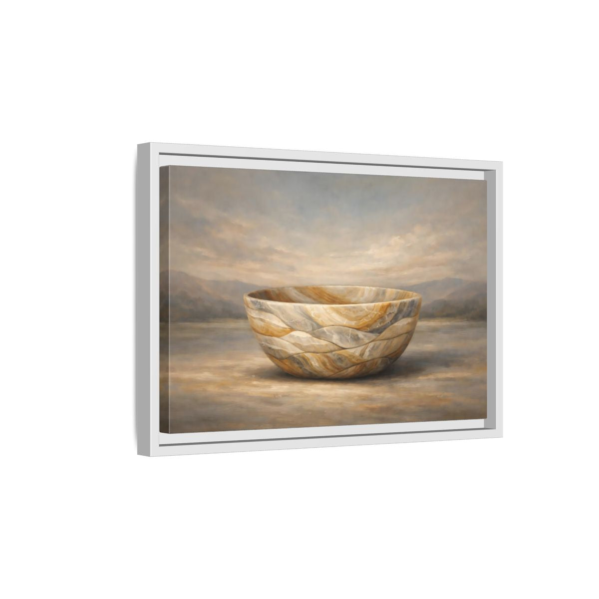 Side Mockup 4. Nature Stone Bowl Earthy Tones Landscape shown as stretched canvas wall art