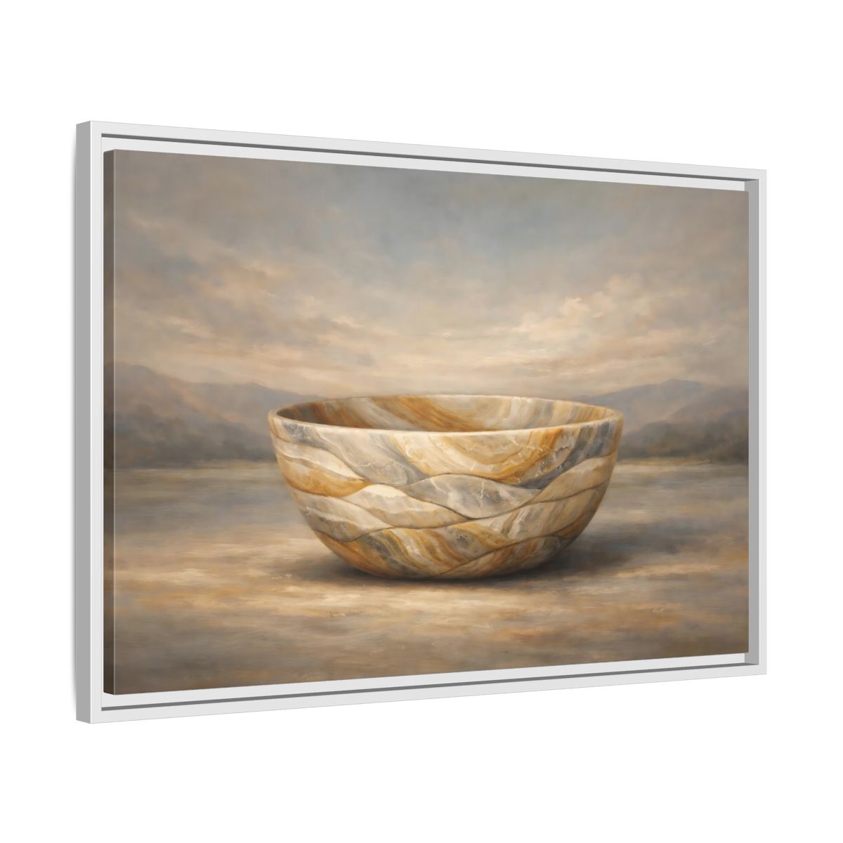 Side Mockup 10. Nature Stone Bowl Earthy Tones Landscape shown as stretched canvas wall art
