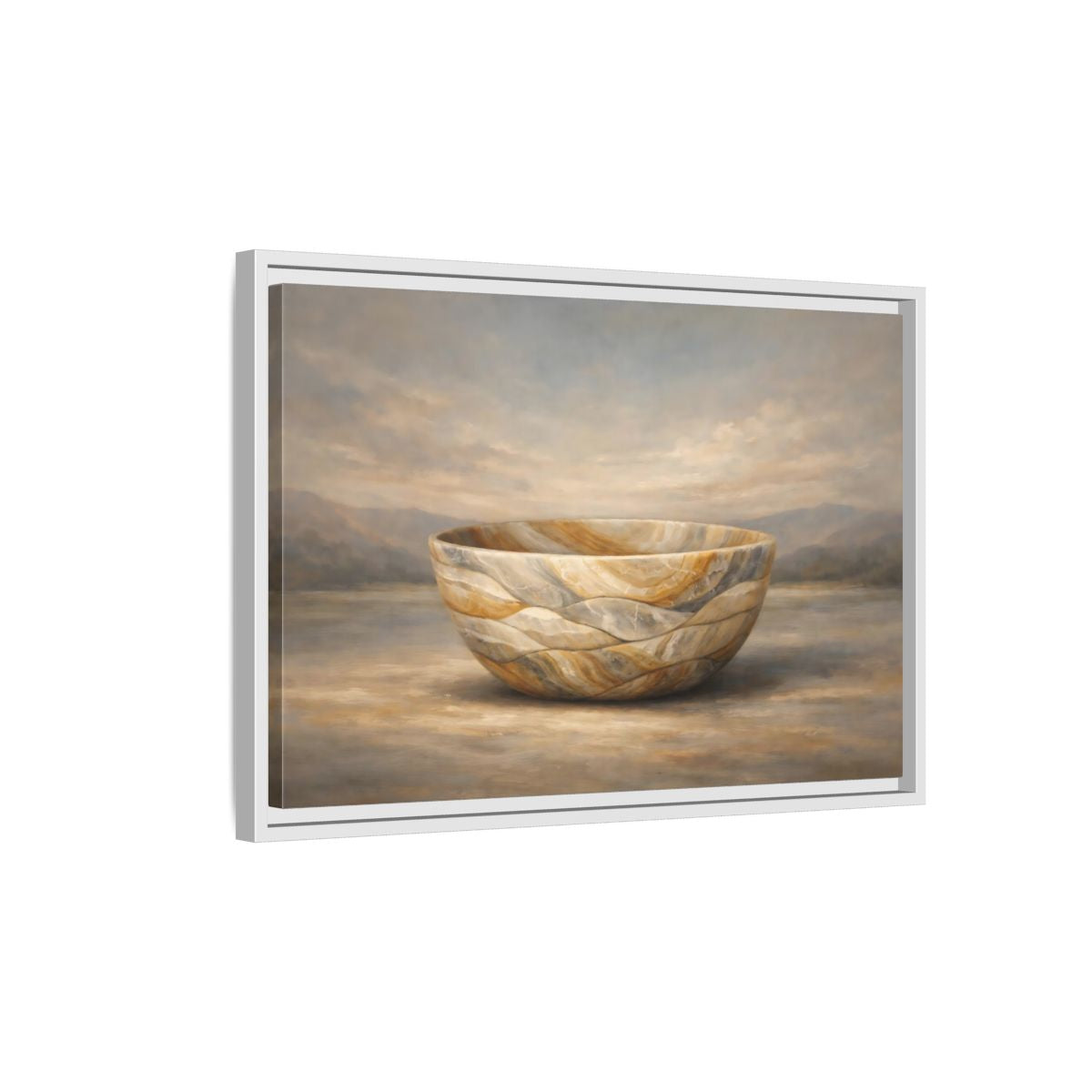 Side Mockup 1. Nature Stone Bowl Earthy Tones Landscape shown as stretched canvas wall art