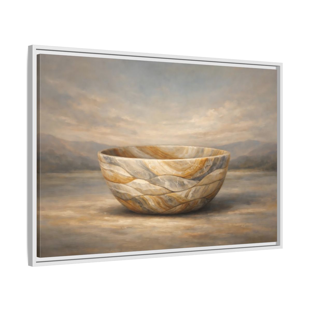 Side Mockup 8. Nature Stone Bowl Earthy Tones Landscape shown as stretched canvas wall art