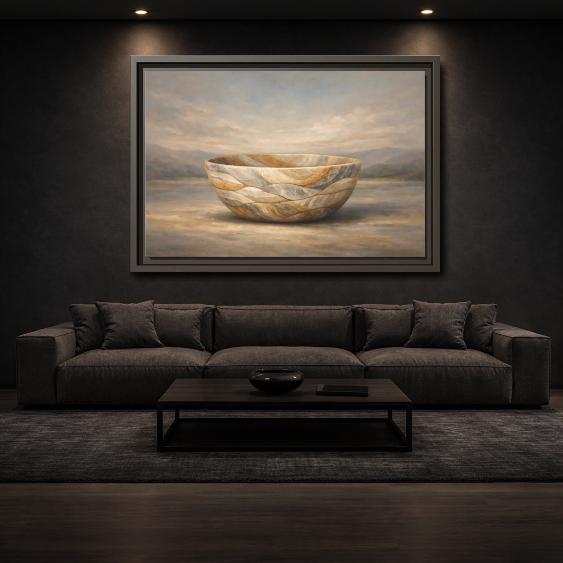 Mockup 2. Nature Stone Bowl Earthy Tones Landscape shown as stretched canvas wall art