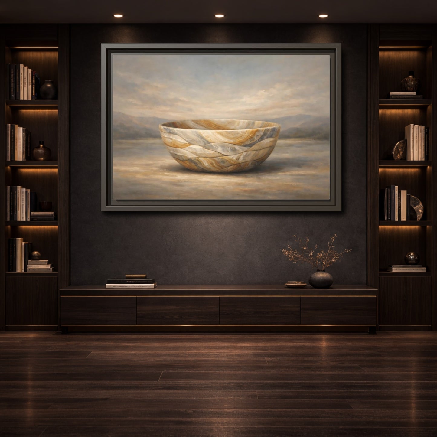 Mockup 3. Nature Stone Bowl Earthy Tones Landscape shown as stretched canvas wall art