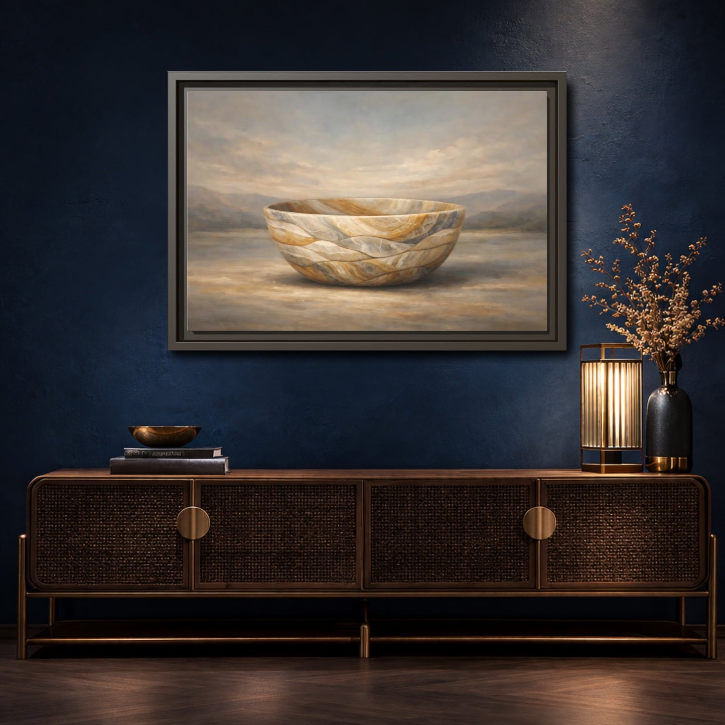 Mockup 4. Nature Stone Bowl Earthy Tones Landscape shown as stretched canvas wall art