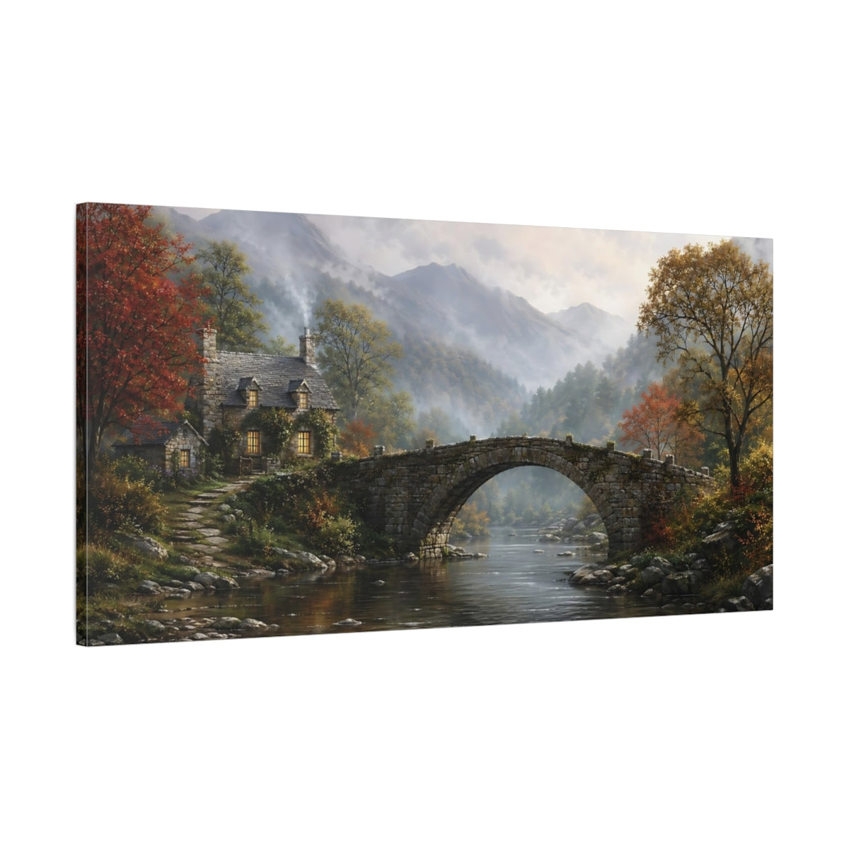 Main Mockup. Nature Stone Bridge Autumn Landscape shown as stretched canvas wall art