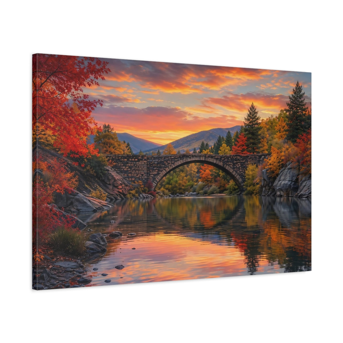 Main Mockup. Nature Stone Bridge Autumn Landscape shown as stretched canvas wall art