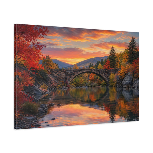 Main Mockup. Nature Stone Bridge Autumn Landscape shown as stretched canvas wall art