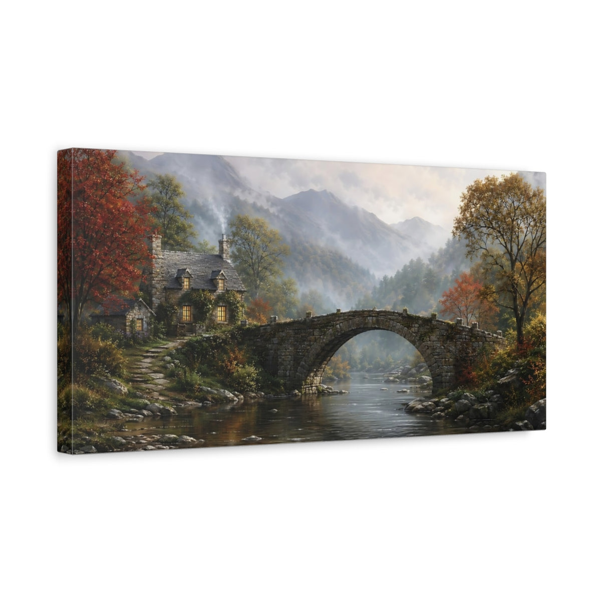 Side Mockup 3. Nature Stone Bridge Autumn Landscape shown as stretched canvas wall art