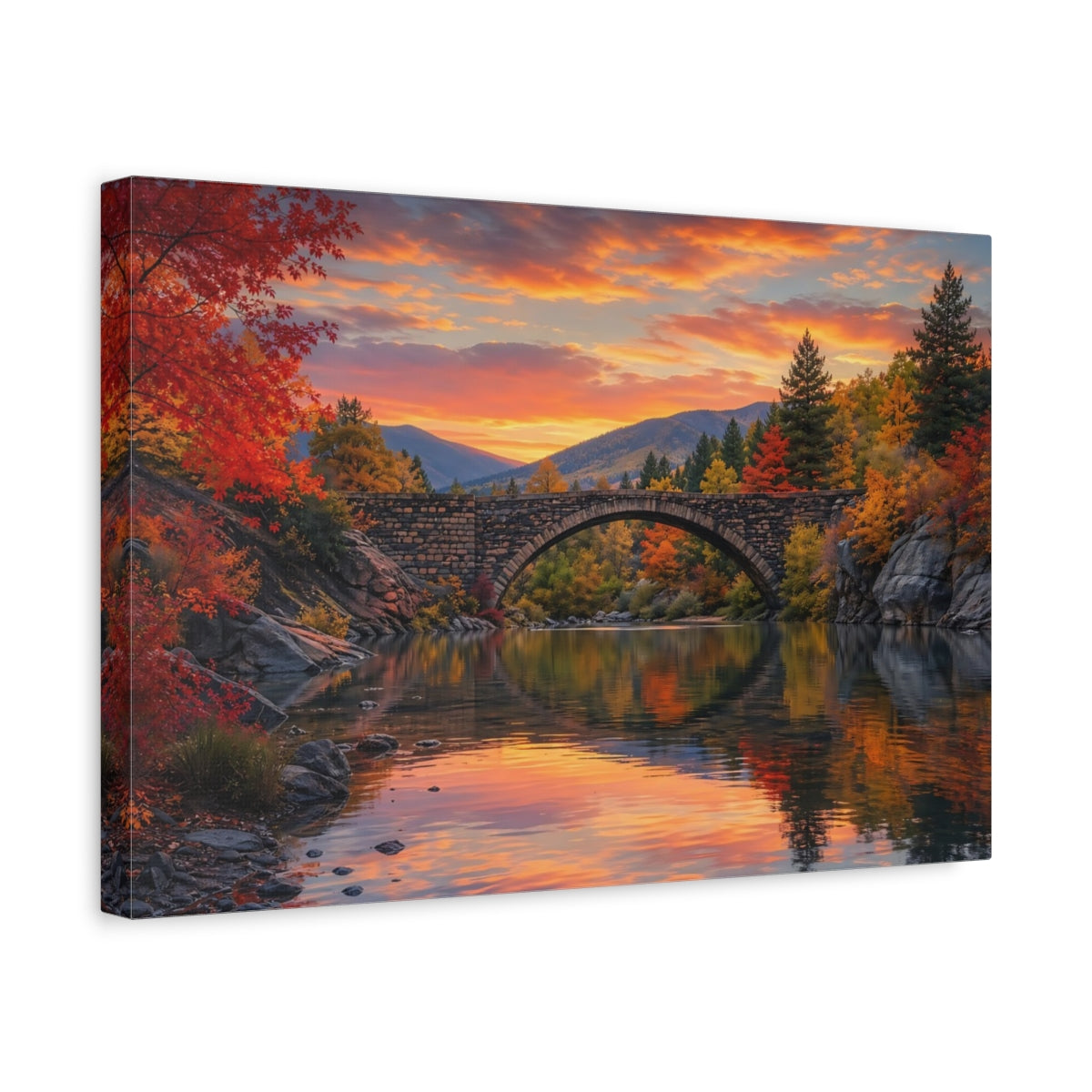 Side Mockup 4. Nature Stone Bridge Autumn Landscape shown as stretched canvas wall art