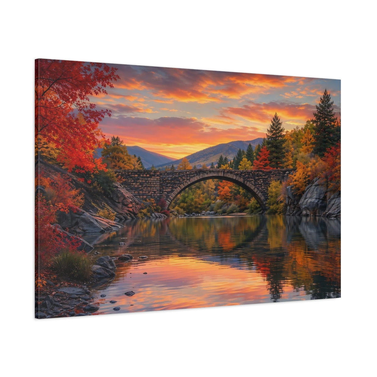 Side Mockup 1. Nature Stone Bridge Autumn Landscape shown as stretched canvas wall art