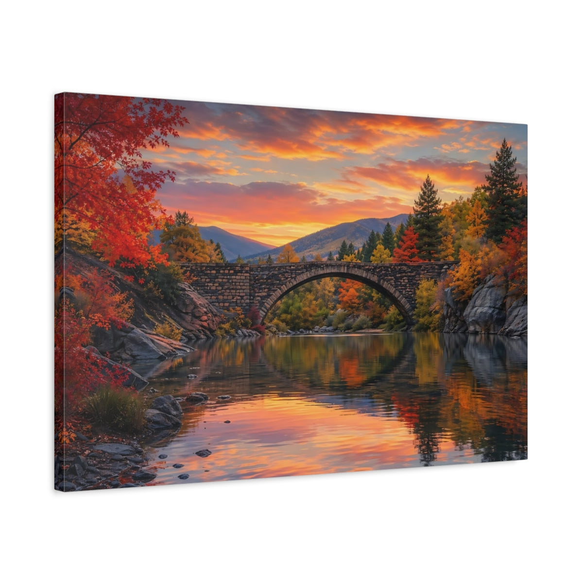 Side Mockup 2. Nature Stone Bridge Autumn Landscape shown as stretched canvas wall art