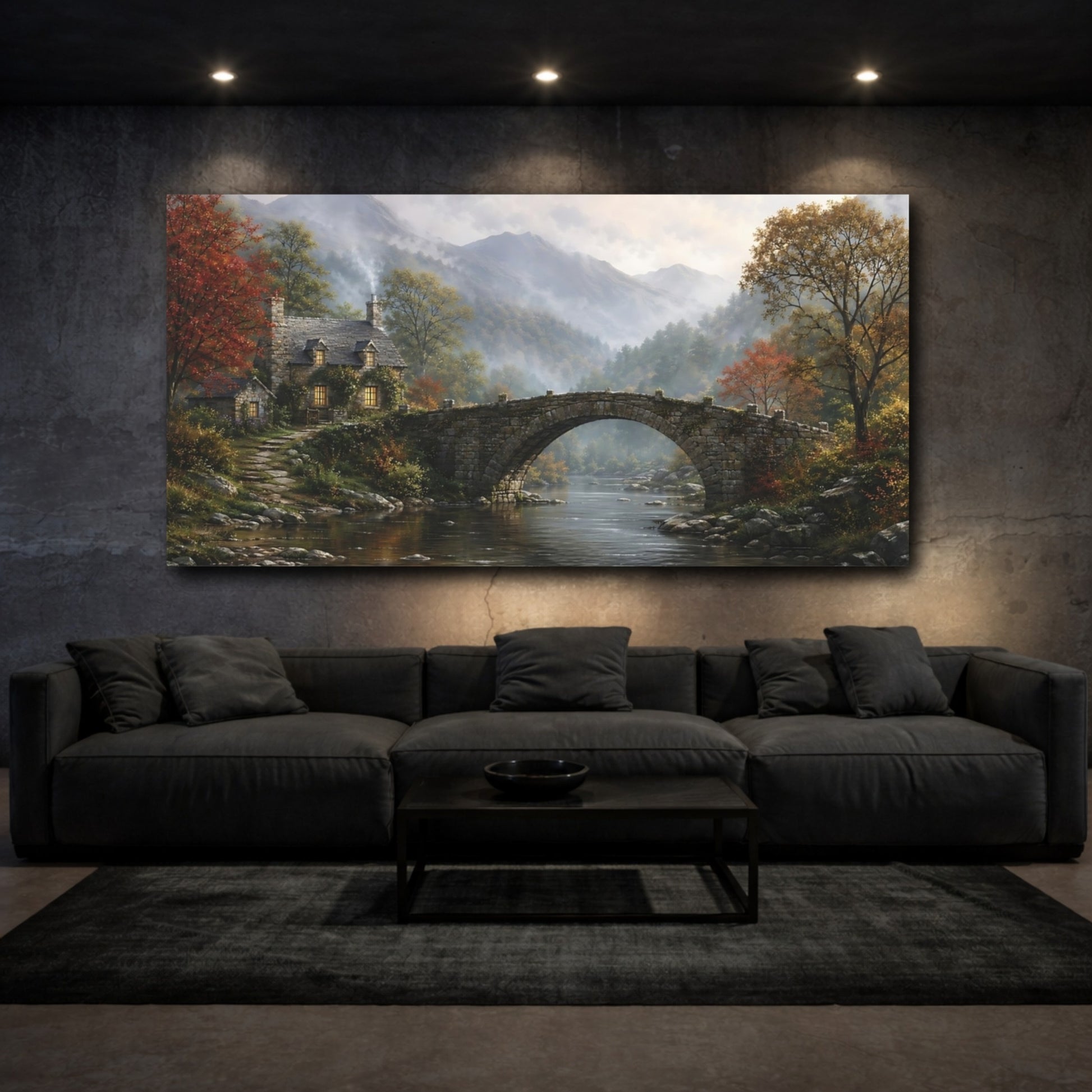 Mockup 2. Nature Stone Bridge Autumn Landscape shown as stretched canvas wall art