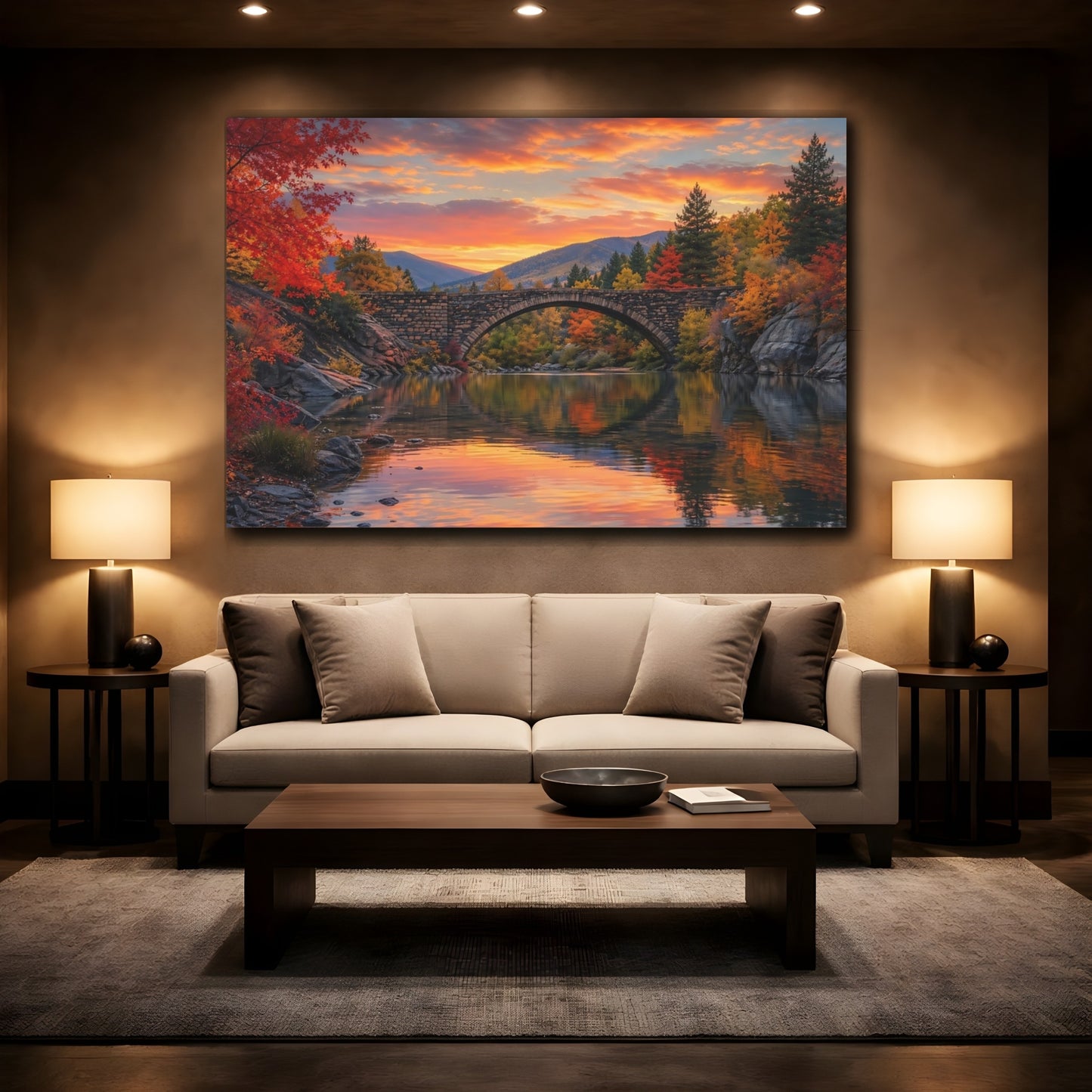 Mockup 2. Nature Stone Bridge Autumn Landscape shown as stretched canvas wall art