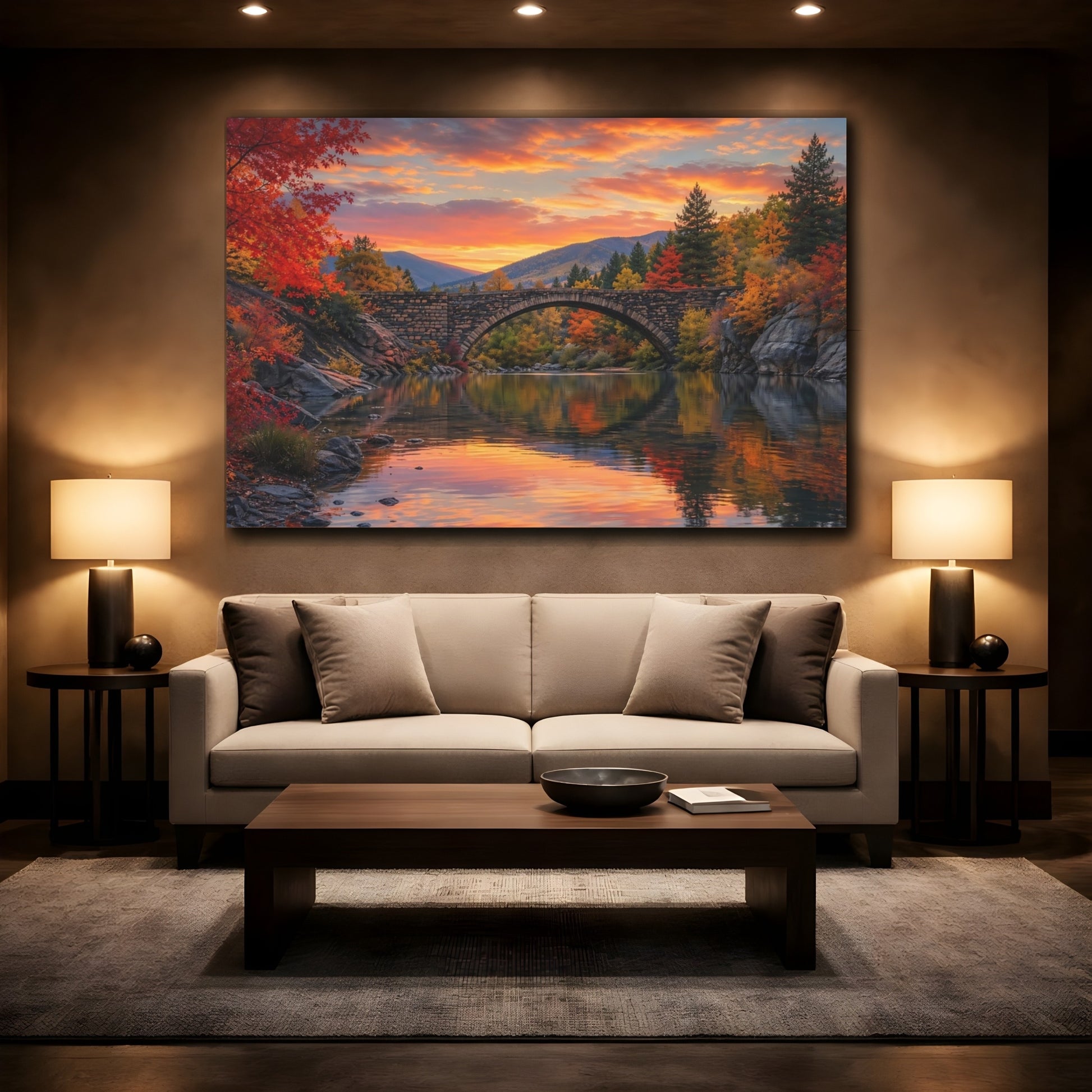 Mockup 2. Nature Stone Bridge Autumn Landscape shown as stretched canvas wall art