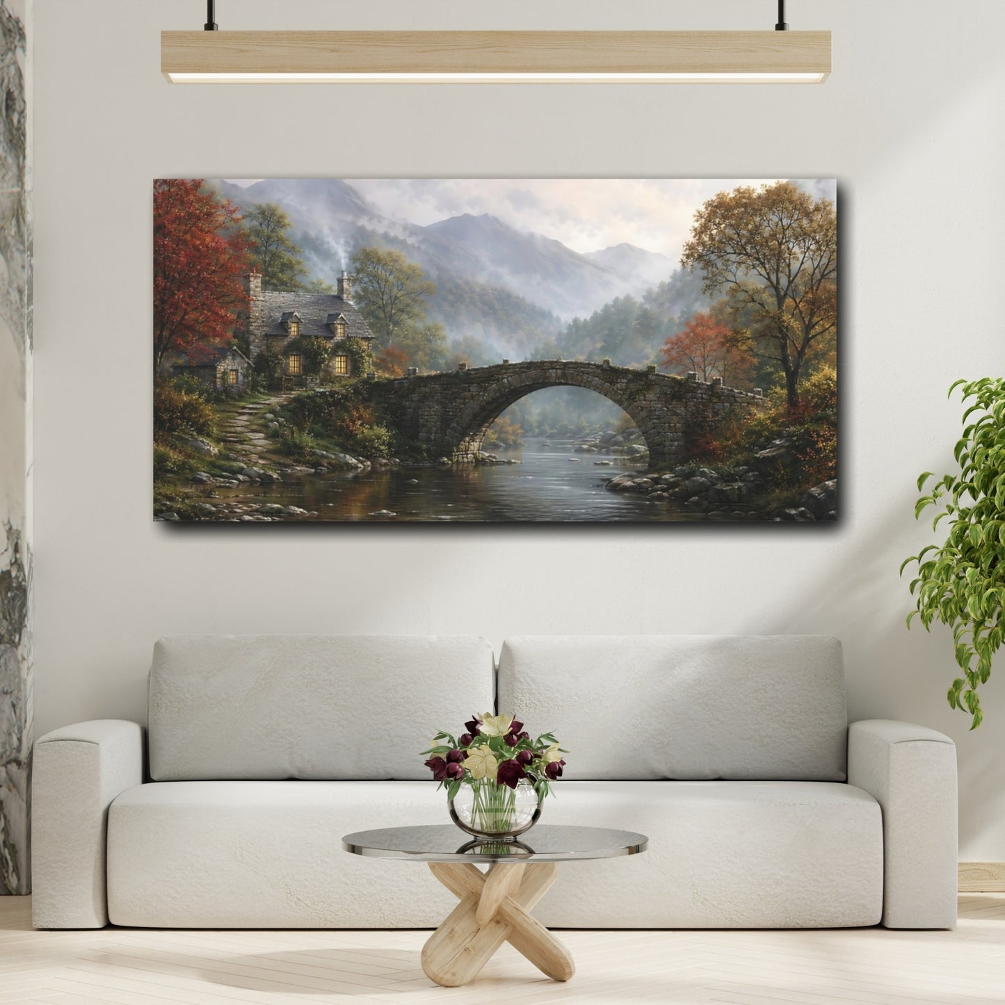Mockup 3. Nature Stone Bridge Autumn Landscape shown as stretched canvas wall art