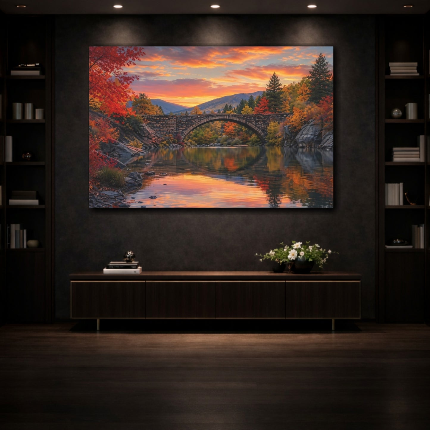 Mockup 3. Nature Stone Bridge Autumn Landscape shown as stretched canvas wall art
