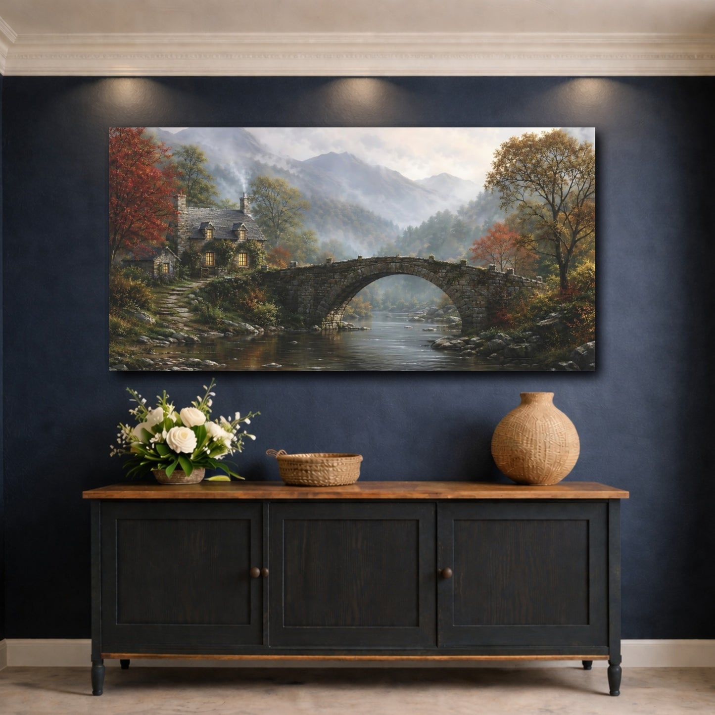Mockup 4. Nature Stone Bridge Autumn Landscape shown as stretched canvas wall art