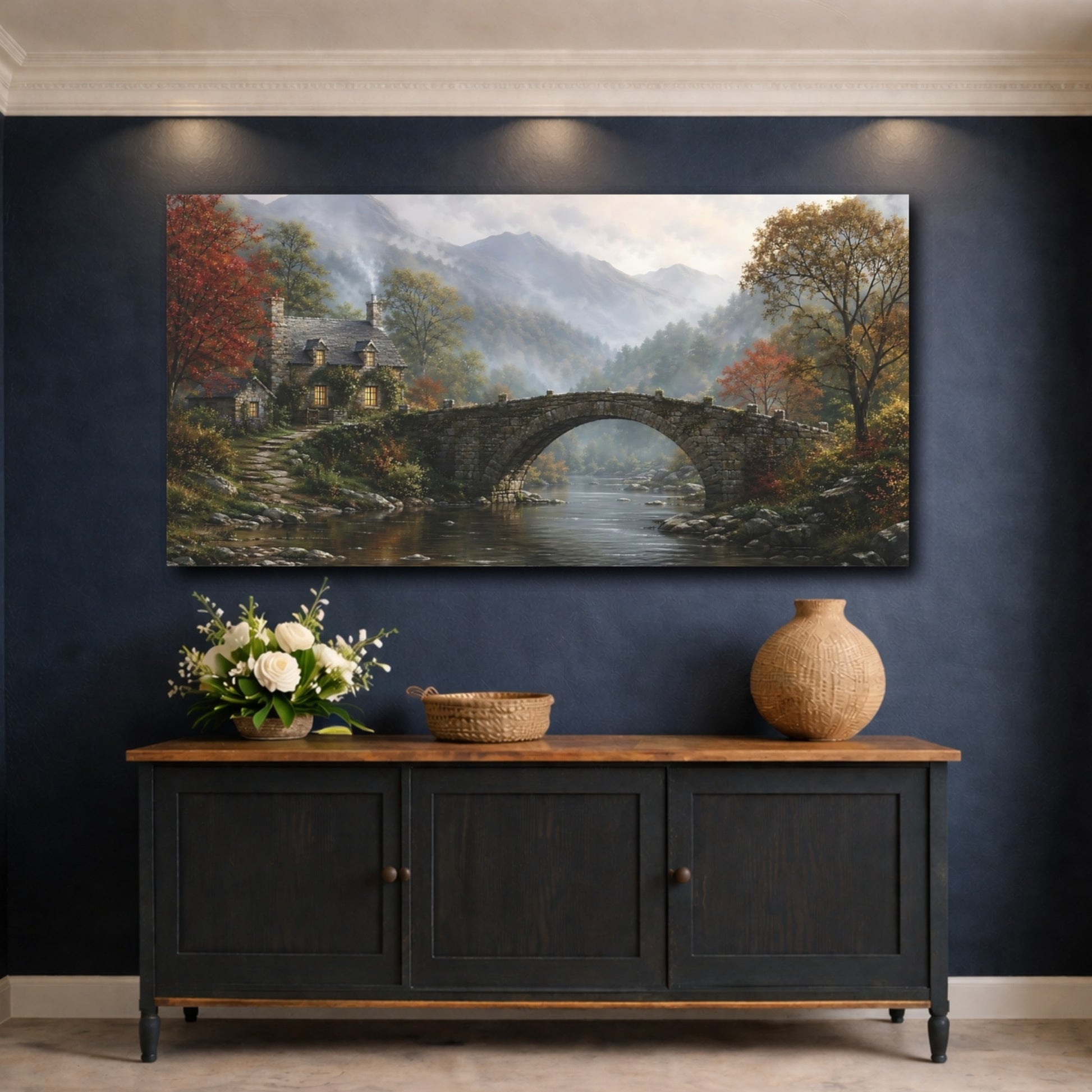Mockup 4. Nature Stone Bridge Autumn Landscape shown as stretched canvas wall art