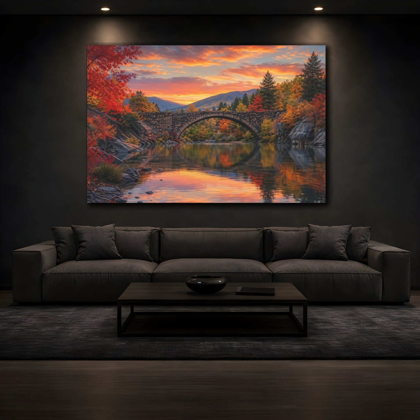 Mockup 4. Nature Stone Bridge Autumn Landscape shown as stretched canvas wall art