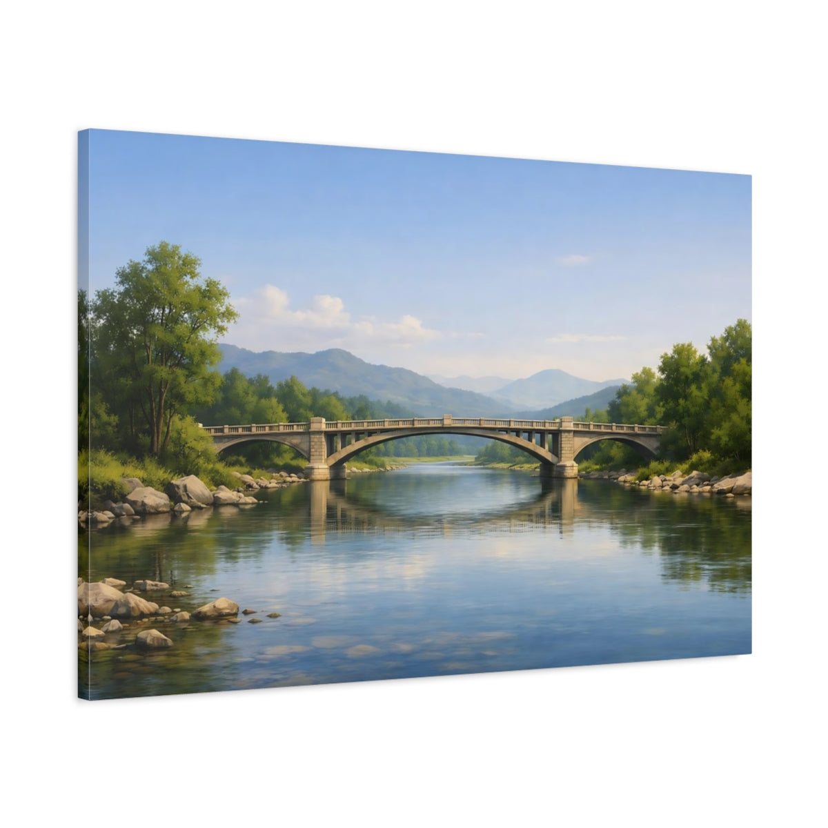 Main Mockup. Nature Stone Bridge Blue River Landscape shown as stretched canvas wall art