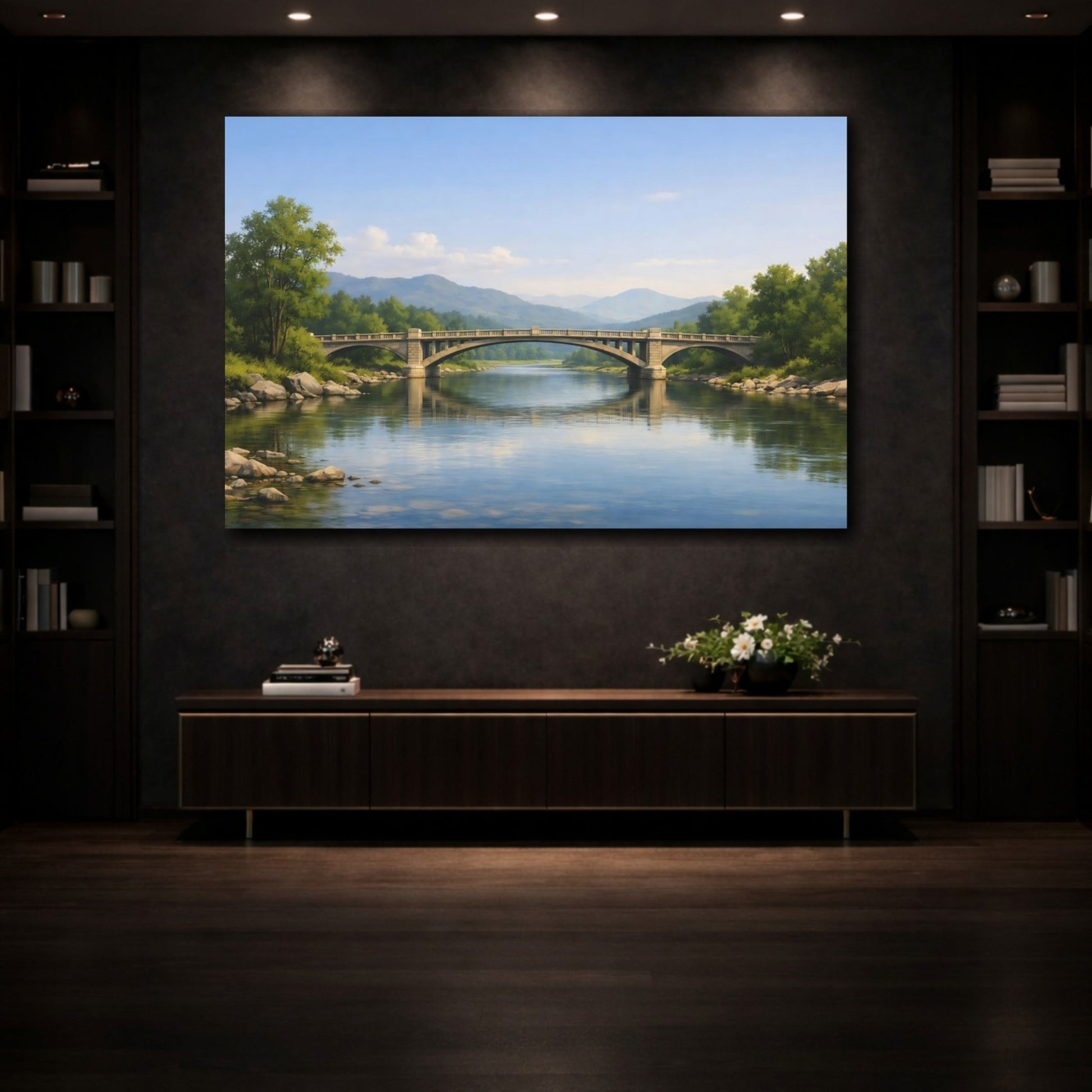 Nature Stone Bridge Blue River Landscape - Canvas Wall Art Print - YesArtYes