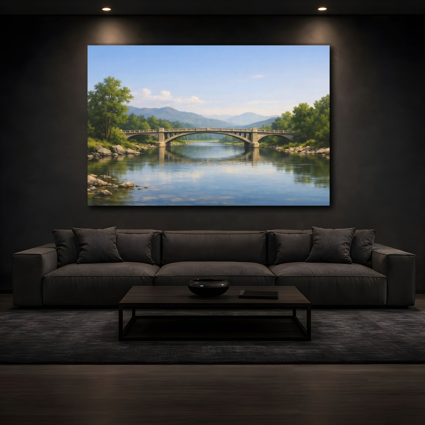 Mockup 2. Nature Stone Bridge Blue River Landscape shown as stretched canvas wall art