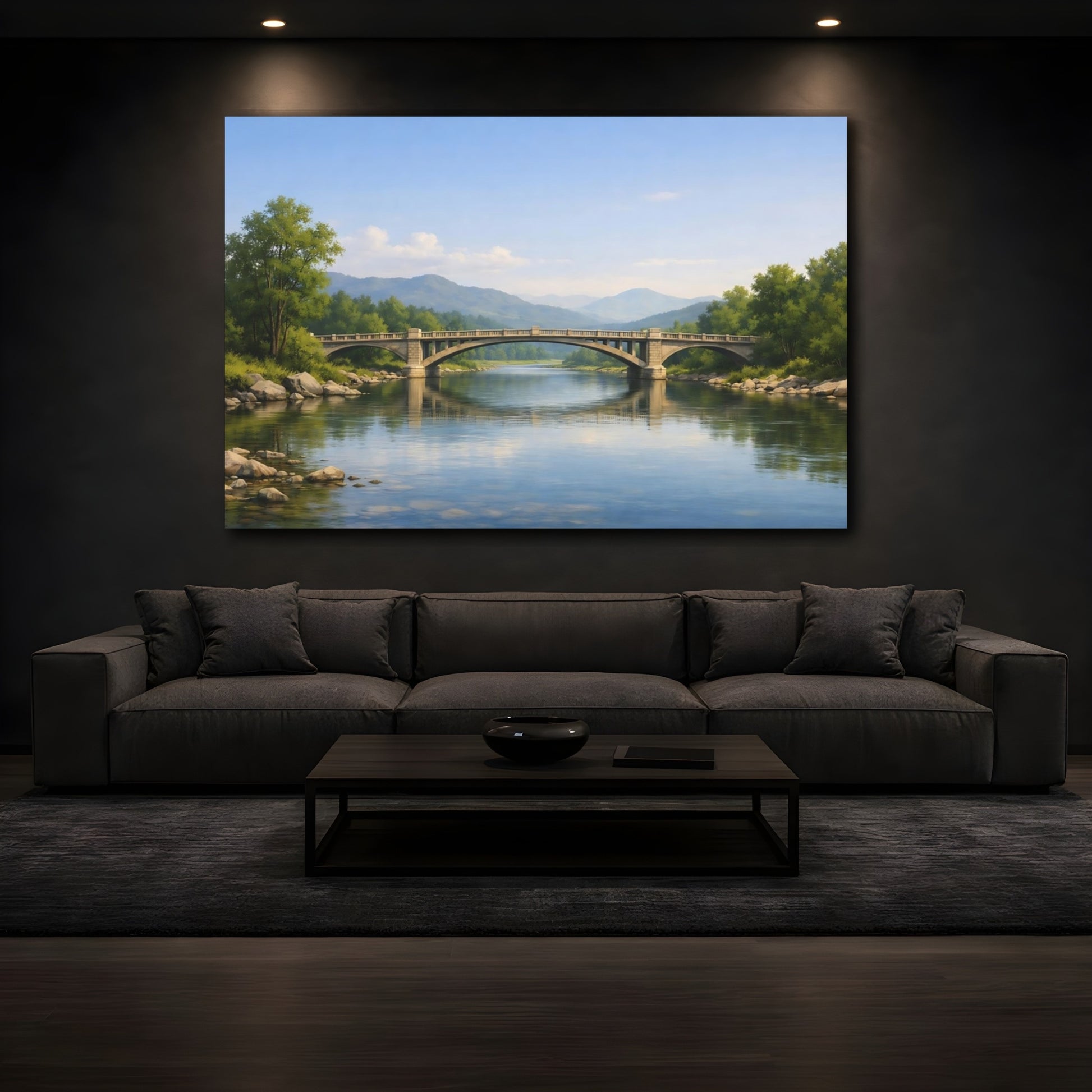 Mockup 2. Nature Stone Bridge Blue River Landscape shown as stretched canvas wall art