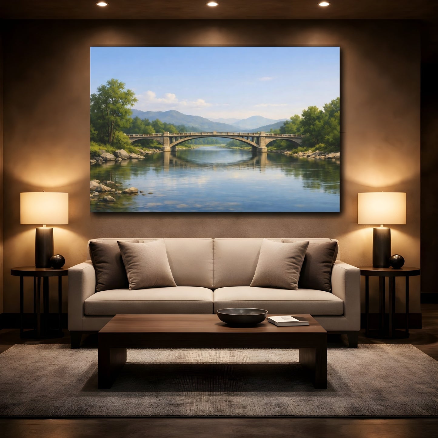 Mockup 3. Nature Stone Bridge Blue River Landscape shown as stretched canvas wall art