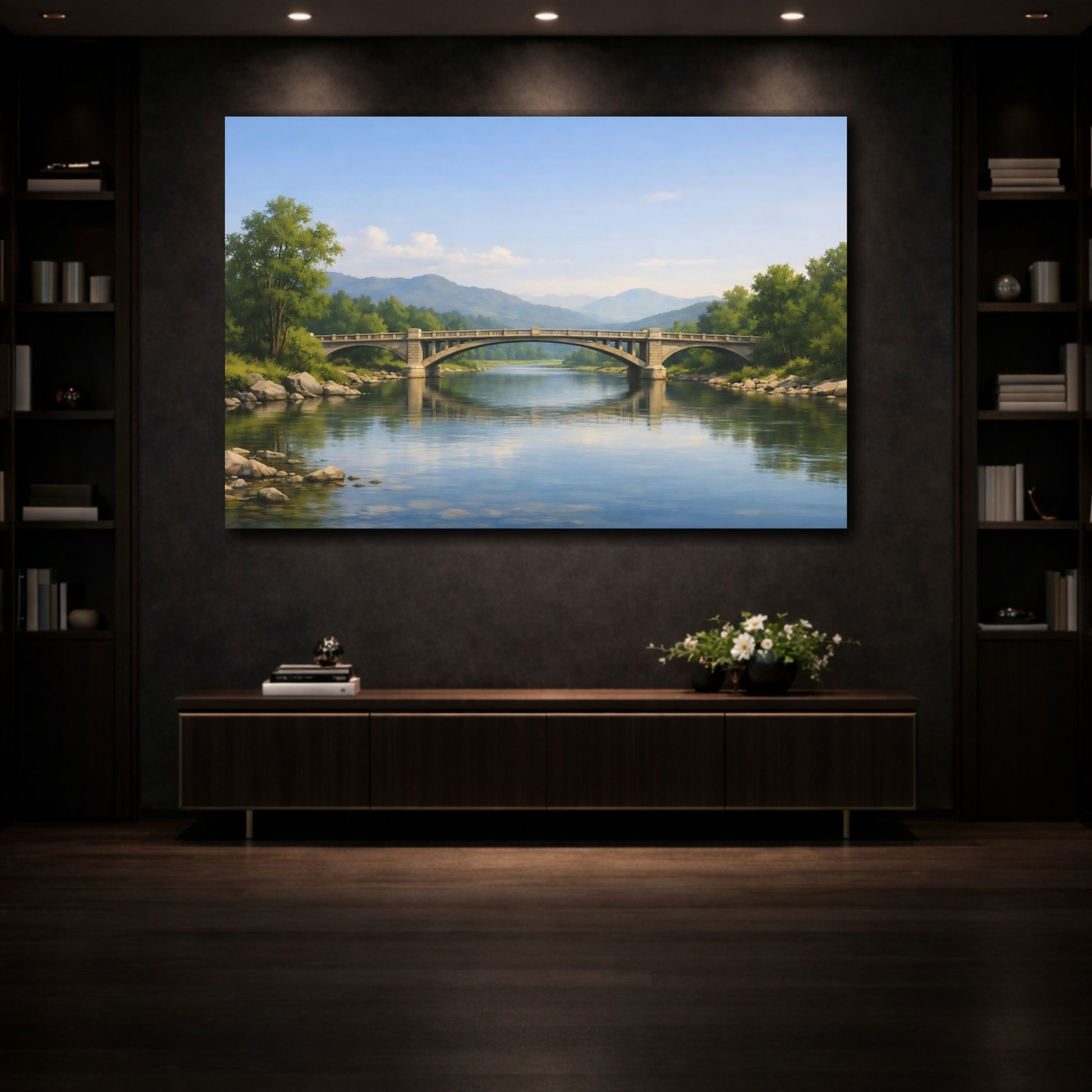 Mockup 4. Nature Stone Bridge Blue River Landscape shown as stretched canvas wall art