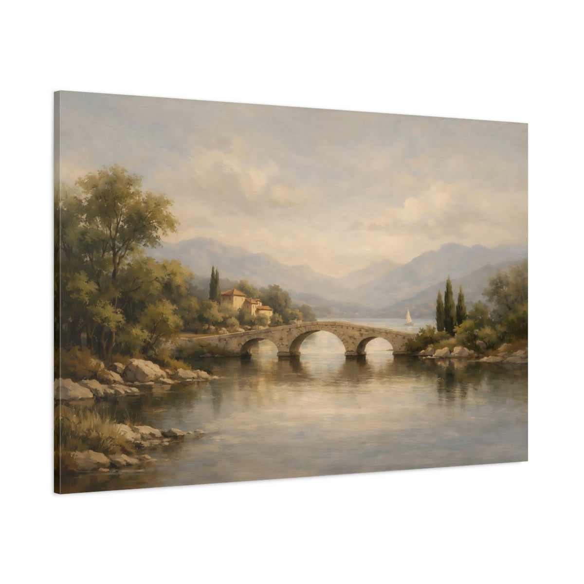 Main Mockup. Nature Stone Bridge Italian Lake shown as stretched canvas wall art