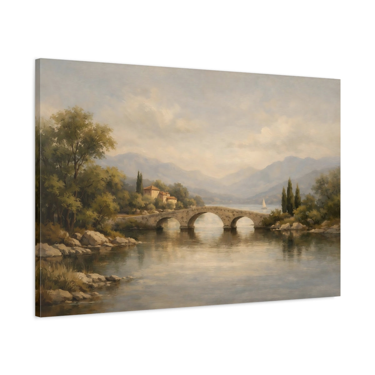 Side Mockup 1. Nature Stone Bridge Italian Lake shown as stretched canvas wall art