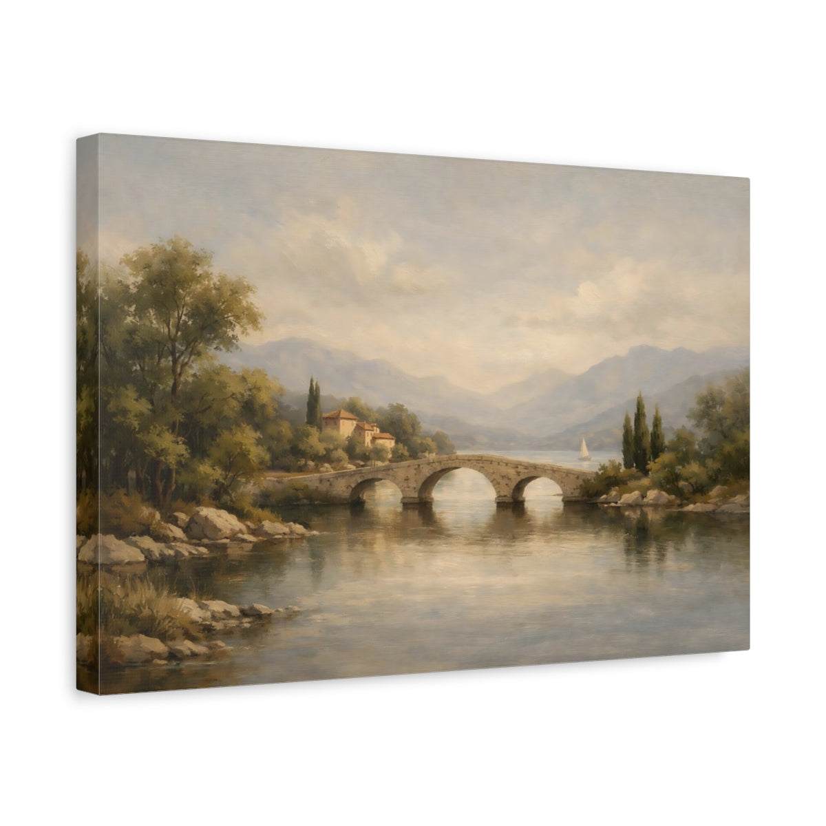Side Mockup 4. Nature Stone Bridge Italian Lake shown as stretched canvas wall art