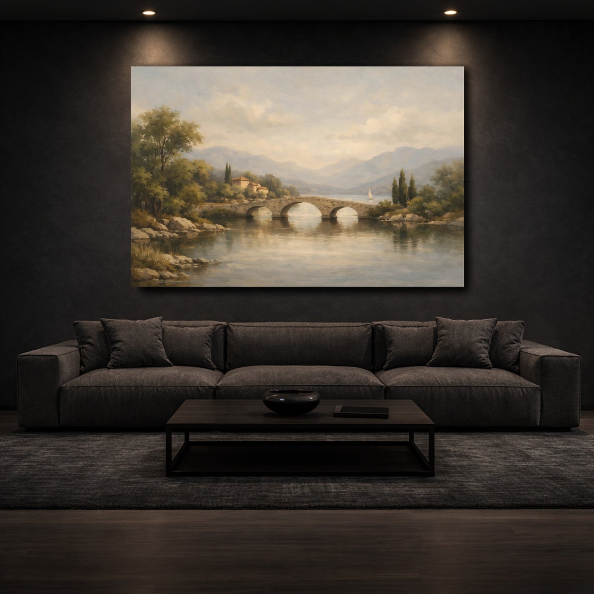 Mockup 2. Nature Stone Bridge Italian Lake shown as stretched canvas wall art