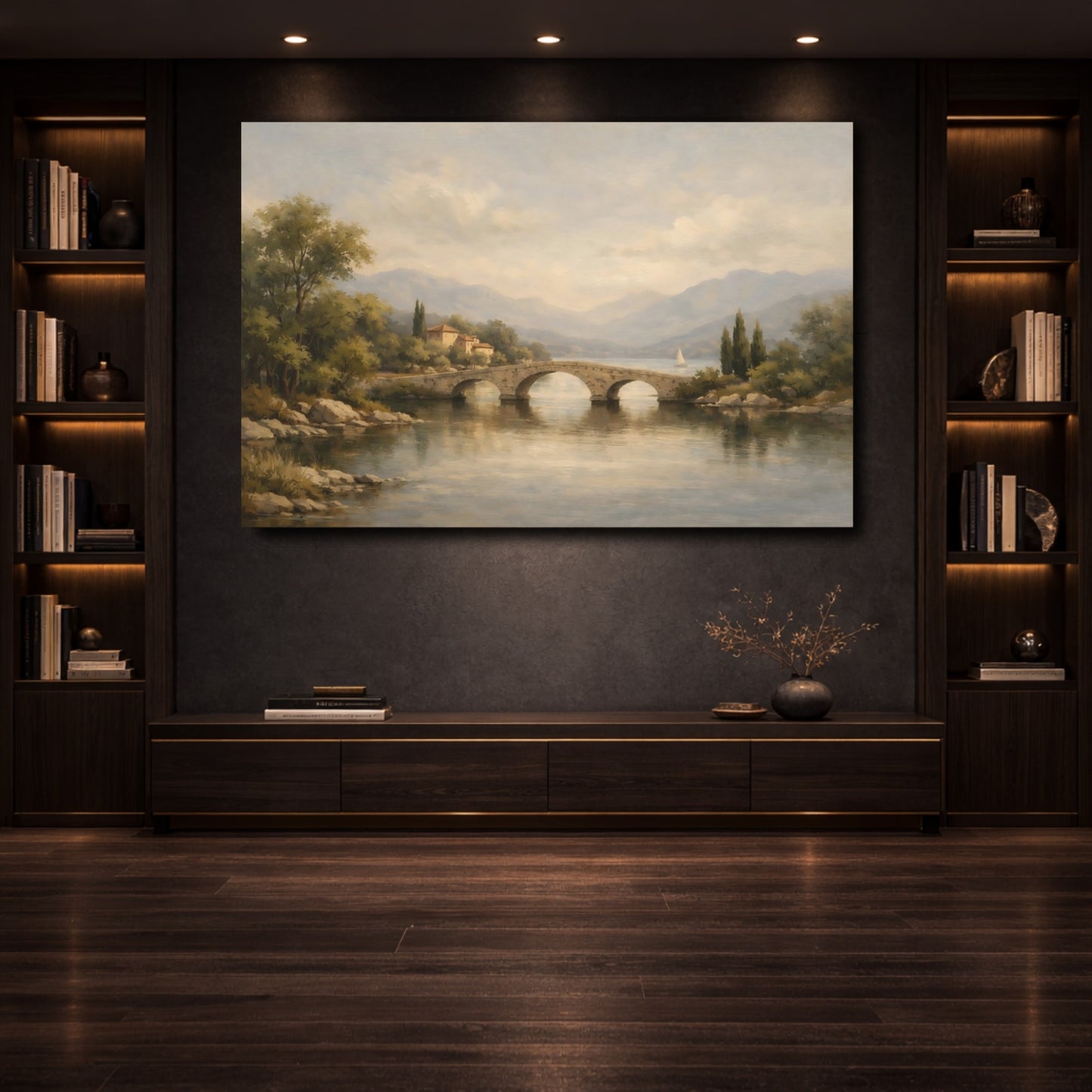 Mockup 3. Nature Stone Bridge Italian Lake shown as stretched canvas wall art