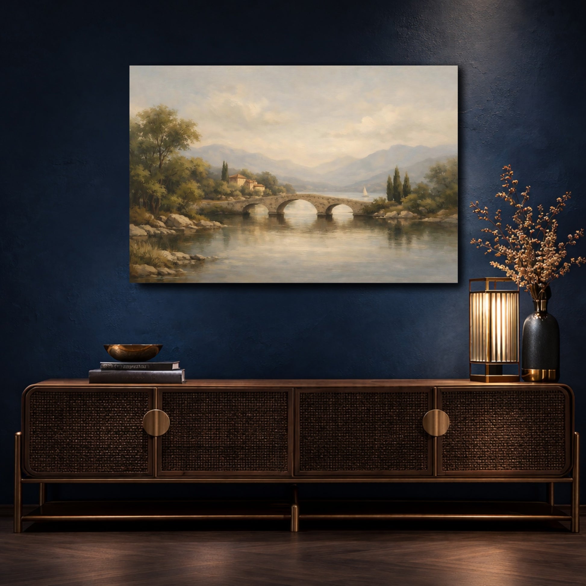 Mockup 4. Nature Stone Bridge Italian Lake shown as stretched canvas wall art