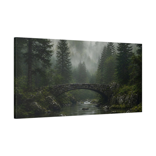 Main Mockup. Nature Stone Bridge Misty Forest Landscape shown as stretched canvas wall art