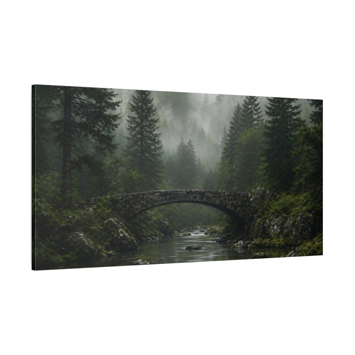 Side Mockup 2. Nature Stone Bridge Misty Forest Landscape shown as stretched canvas wall art