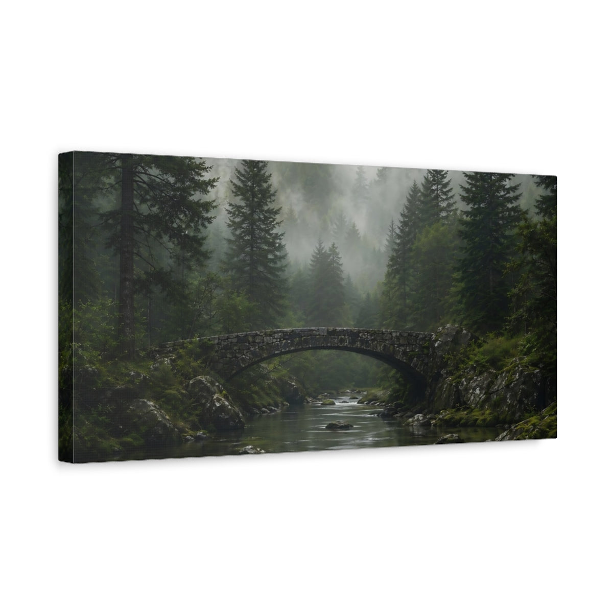 Side Mockup 3. Nature Stone Bridge Misty Forest Landscape shown as stretched canvas wall art