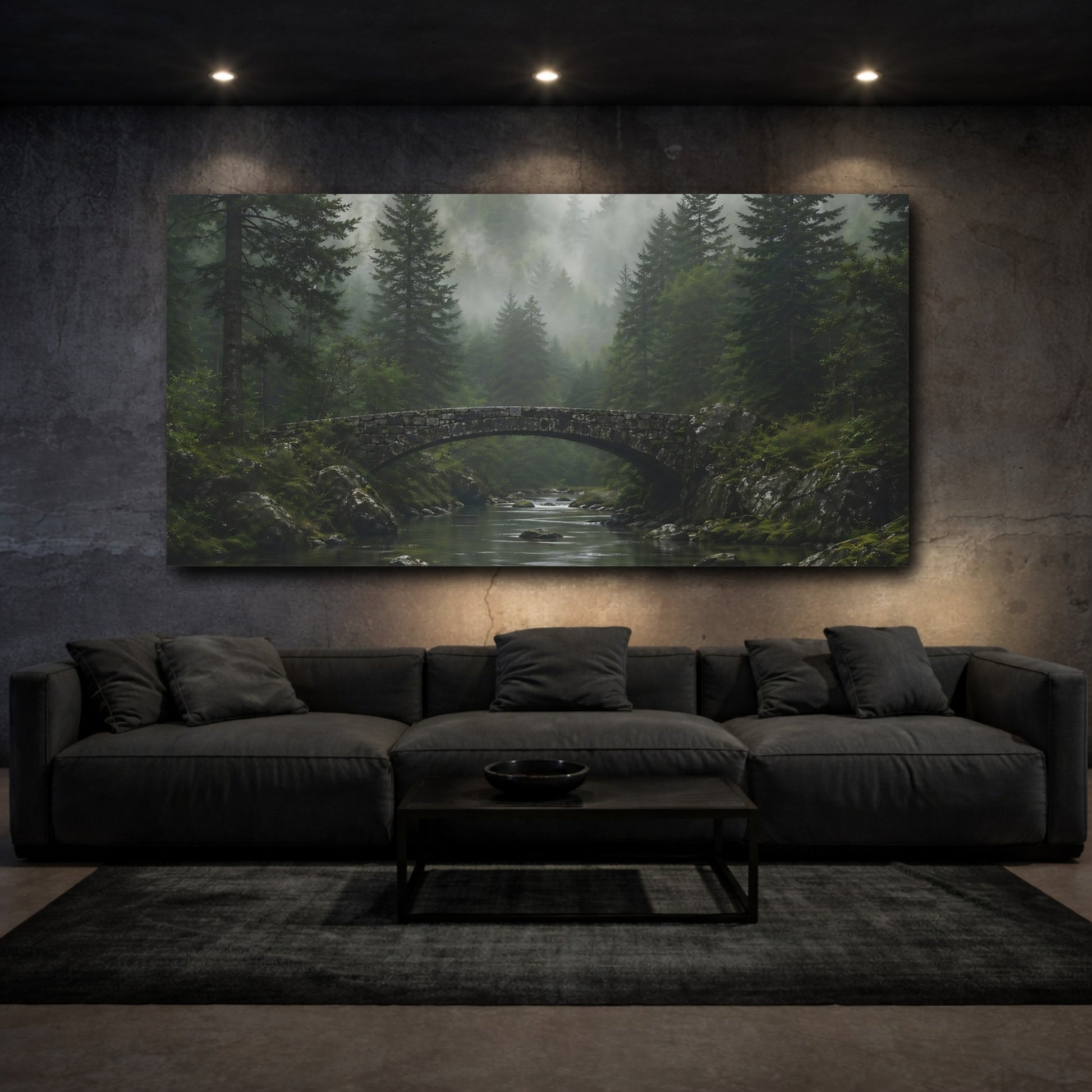 Mockup 2. Nature Stone Bridge Misty Forest Landscape shown as stretched canvas wall art