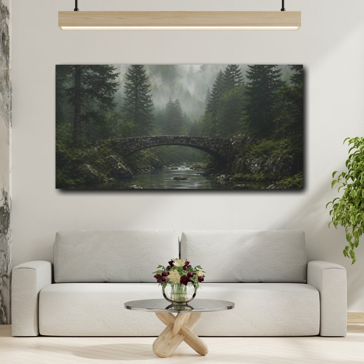 Mockup 3. Nature Stone Bridge Misty Forest Landscape shown as stretched canvas wall art