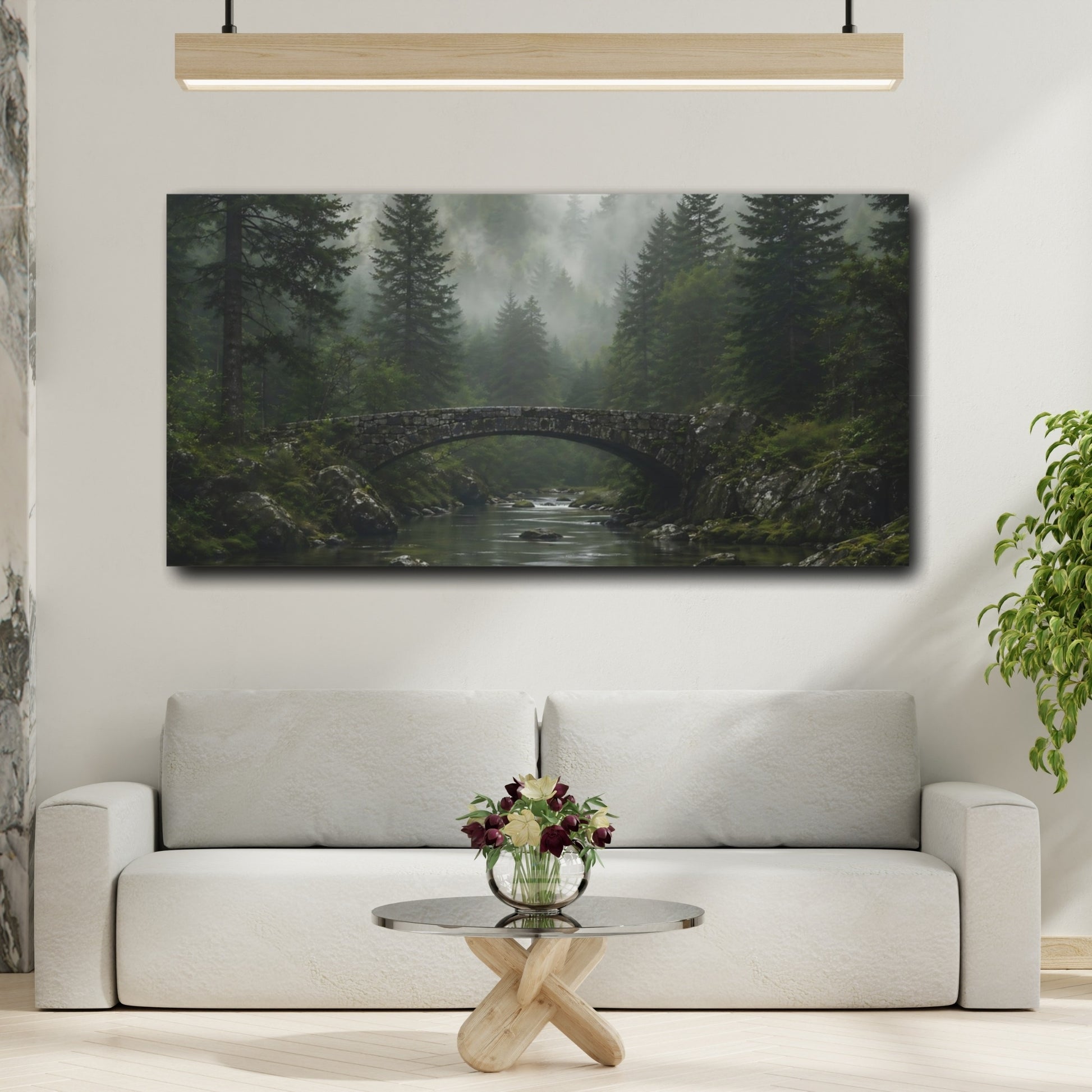 Mockup 3. Nature Stone Bridge Misty Forest Landscape shown as stretched canvas wall art