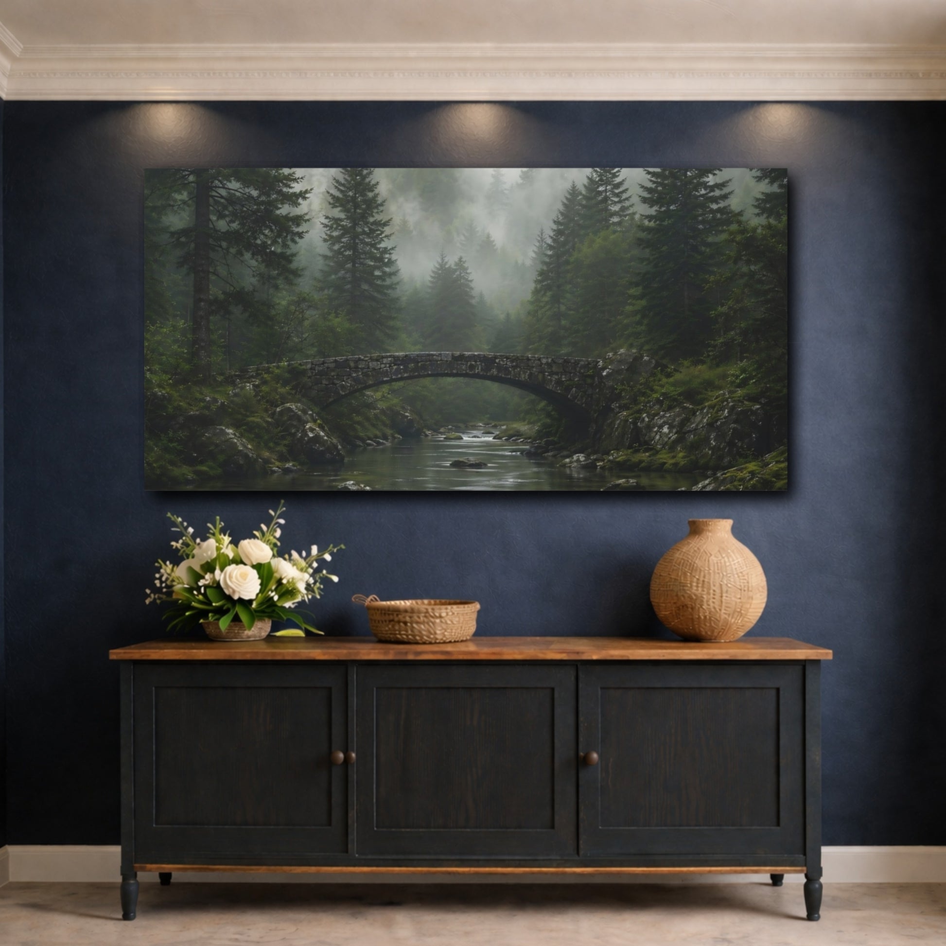 Mockup 4. Nature Stone Bridge Misty Forest Landscape shown as stretched canvas wall art