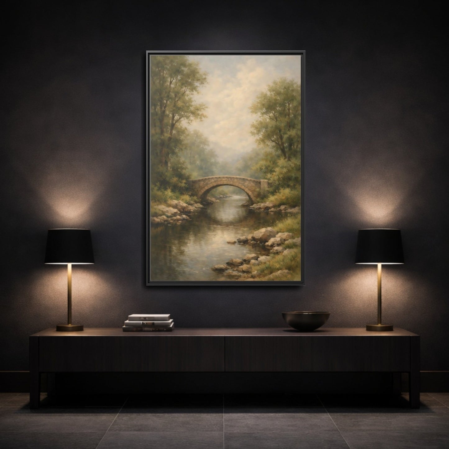 Nature Stone Bridge Misty - Framed Canvas Wall Art Print - YesArtYes