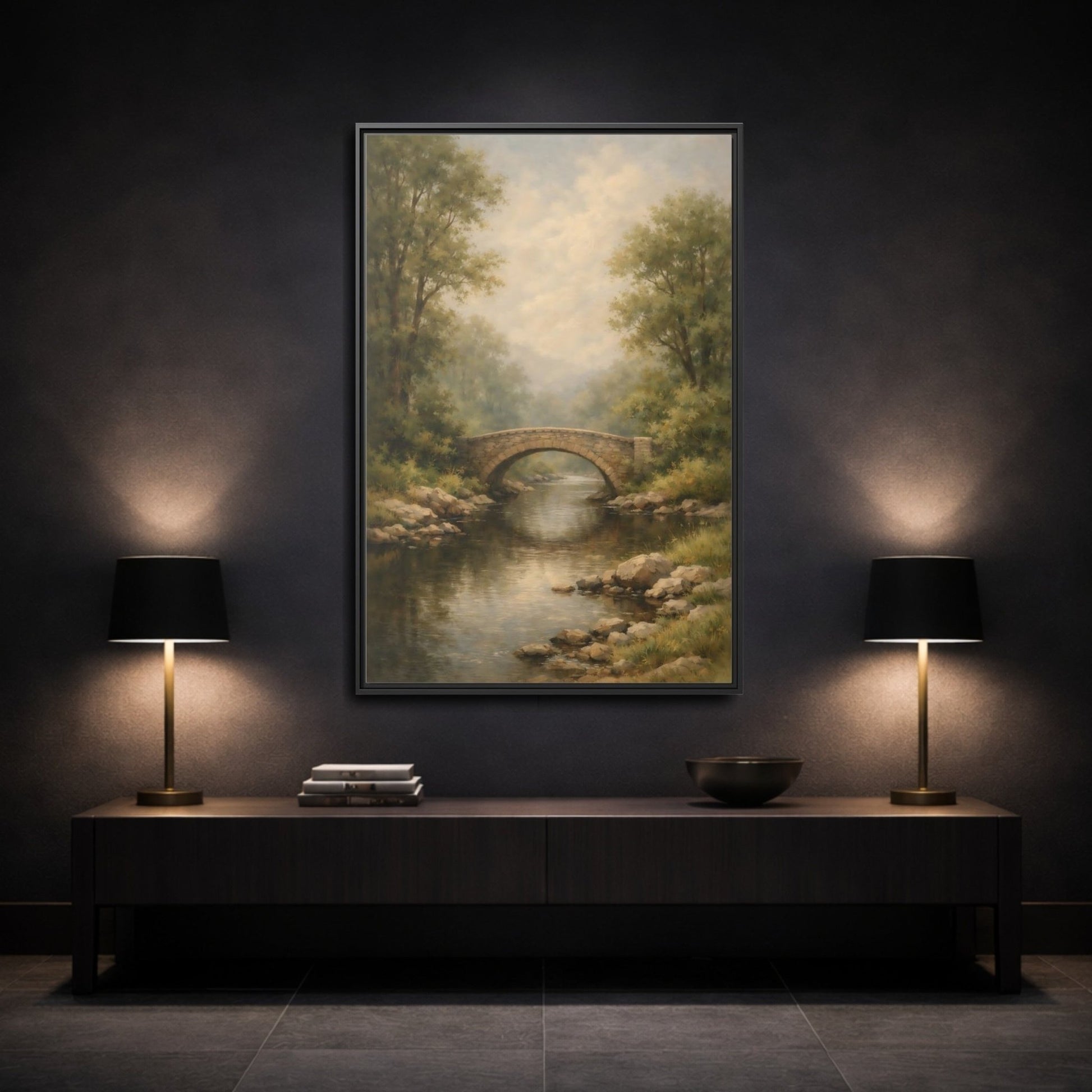 Nature Stone Bridge Misty - Framed Canvas Wall Art Print - YesArtYes